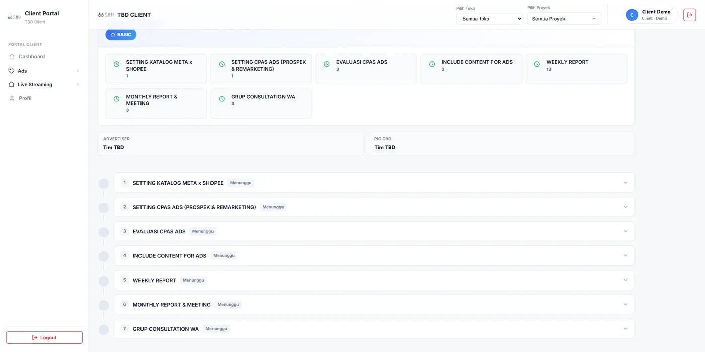 Tampilan dashboard TBD Client: daftar pekerjaan klien seperti setting katalog, evaluasi iklan, laporan mingguan dan bulanan, beserta status tiap pekerjaan